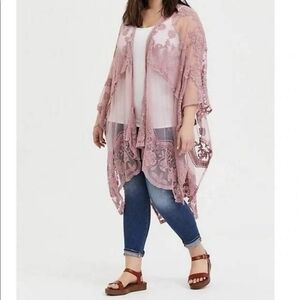TORRID Pink Mesh Ruana Open Duster Lace Plus Size Scalloped